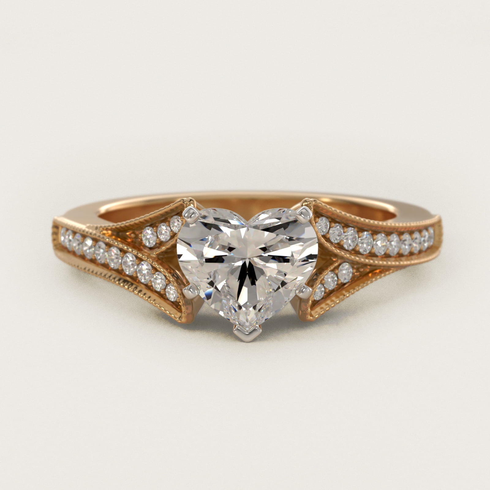 Milgrain and PavŽ V-Shank Diamond Engagement Ring in 14K Yellow Gold (1/8 ct. wt.) - Heart Center