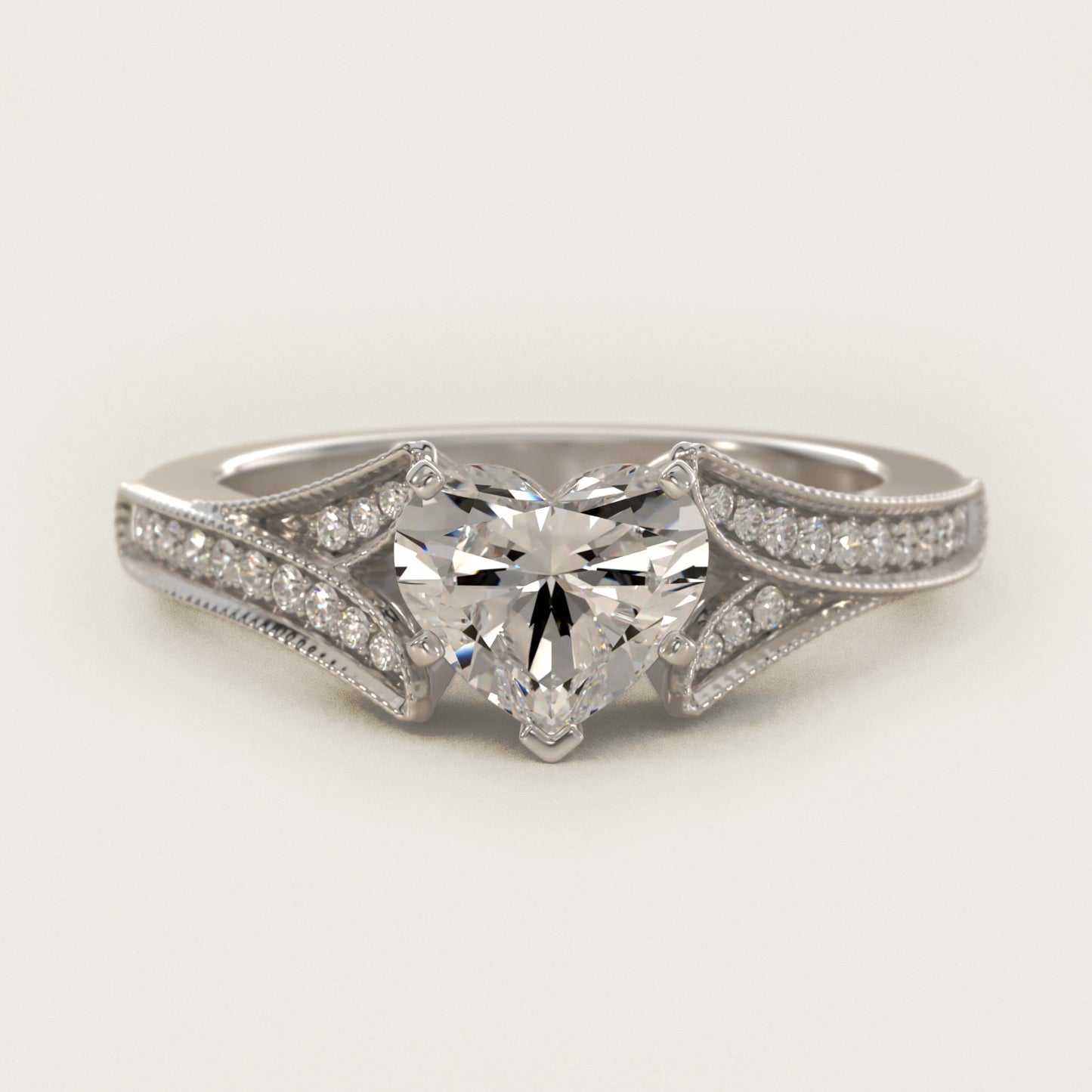 Milgrain and PavŽ V-Shank Diamond Engagement Ring in Platinum (1/8 ct. wt.) - Heart Center