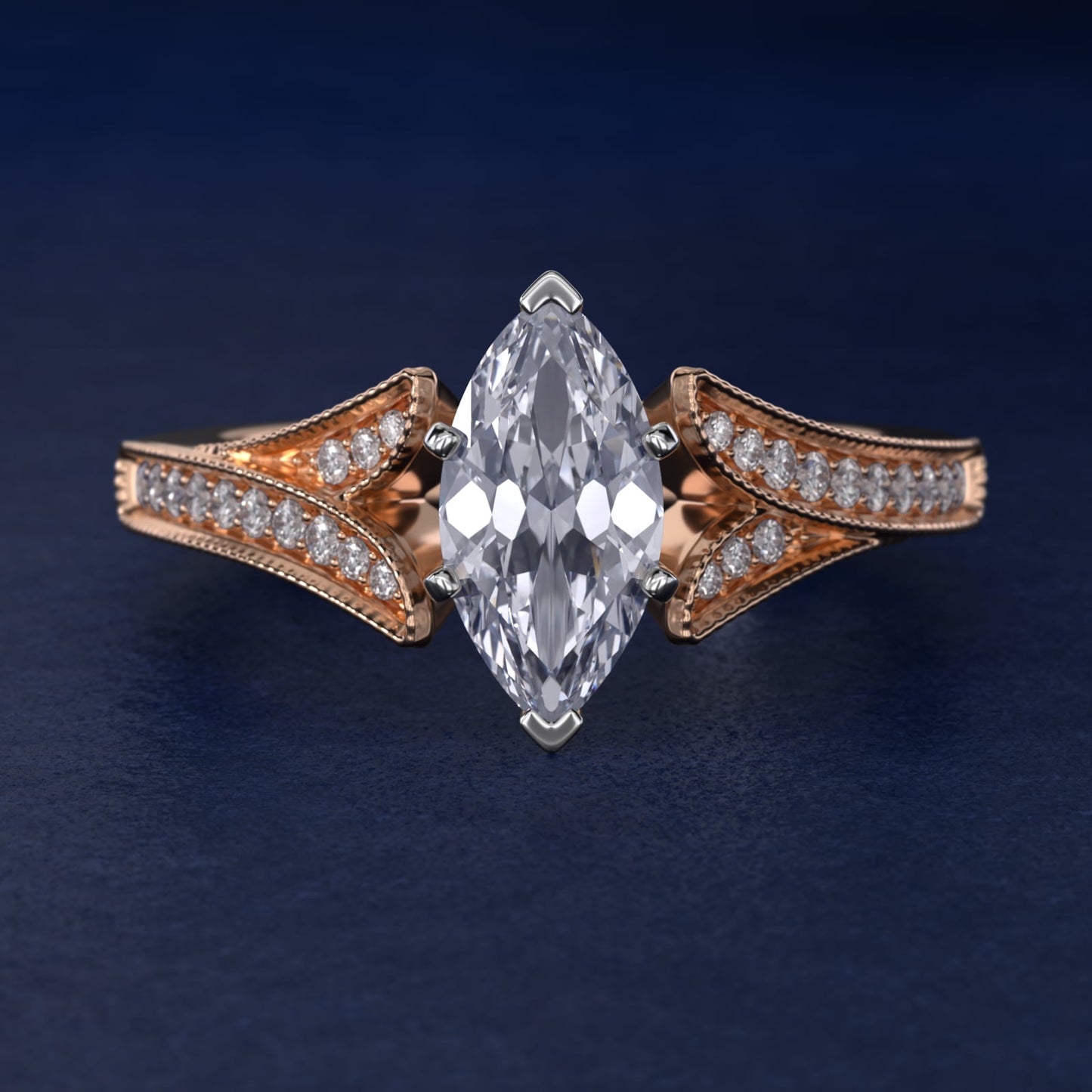 Milgrain and PavŽ V-Shank Diamond Engagement Ring in 18k Rose Gold (1/8 ct. wt.) - Marquise Center