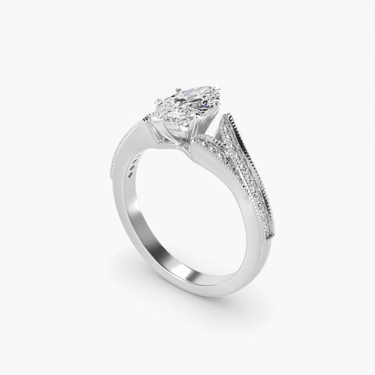 Milgrain and PavŽ V-Shank Diamond Engagement Ring in 14k White Gold (1/8 ct. wt.) - Marquise Center