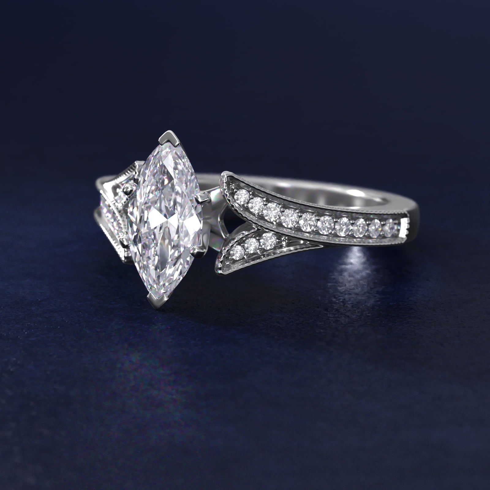 Milgrain and PavŽ V-Shank Diamond Engagement Ring in 14k White Gold (1/8 ct. wt.) - Marquise Center