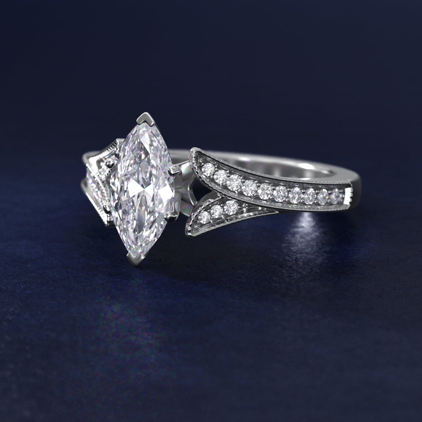 Milgrain and PavŽ V-Shank Diamond Engagement Ring in 18k White Gold (1/8 ct. wt.) - Marquise Center