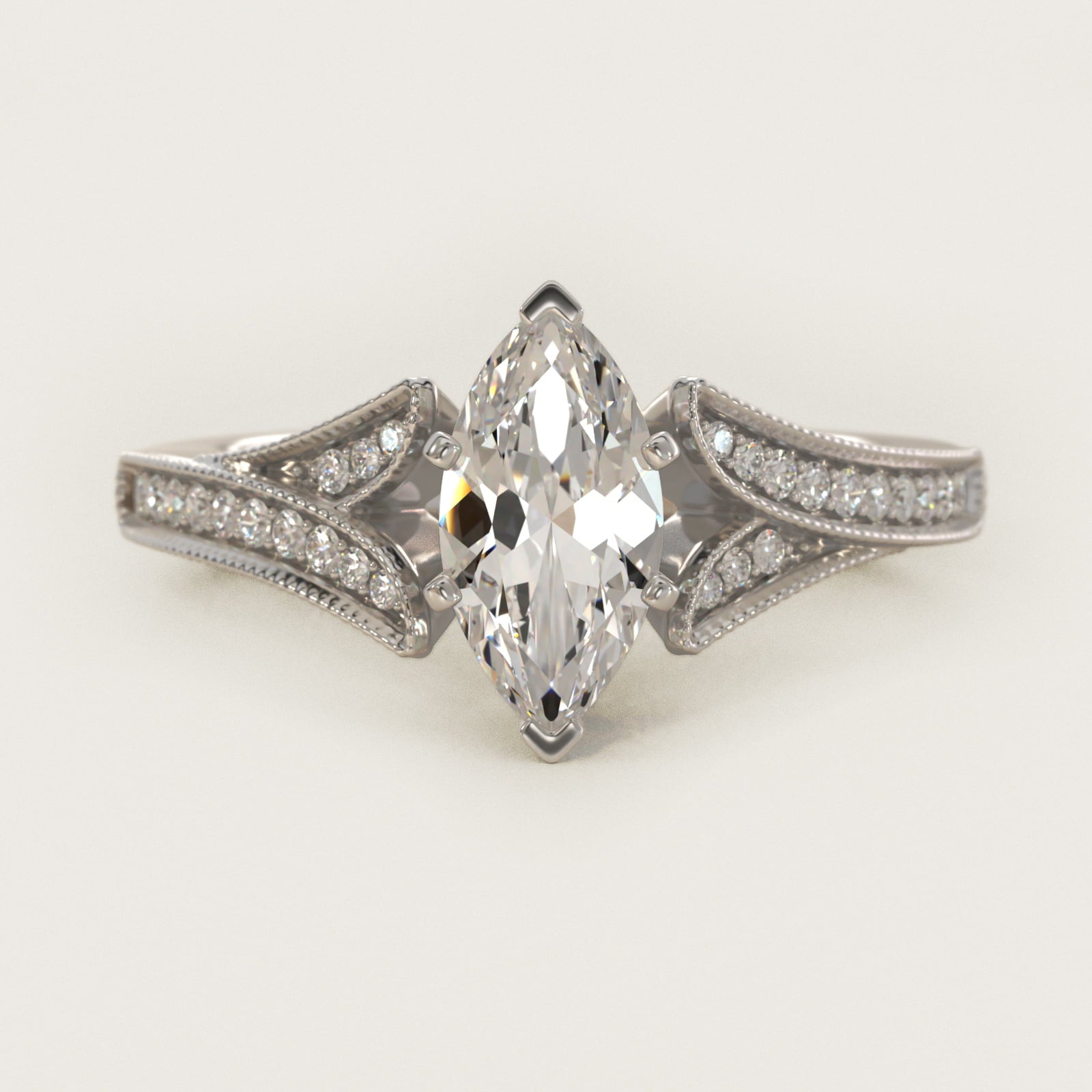 Milgrain and PavŽ V-Shank Diamond Engagement Ring in 18k White Gold (1/8 ct. wt.) - Marquise Center