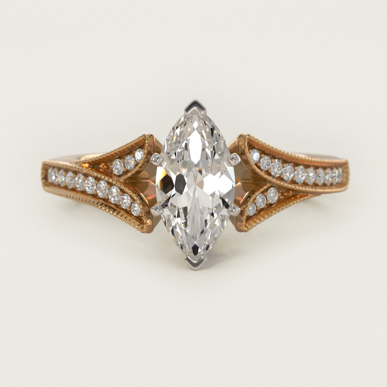 Milgrain and PavŽ V-Shank Diamond Engagement Ring in 18k Yellow Gold (1/8 ct. wt.) - Marquise Center