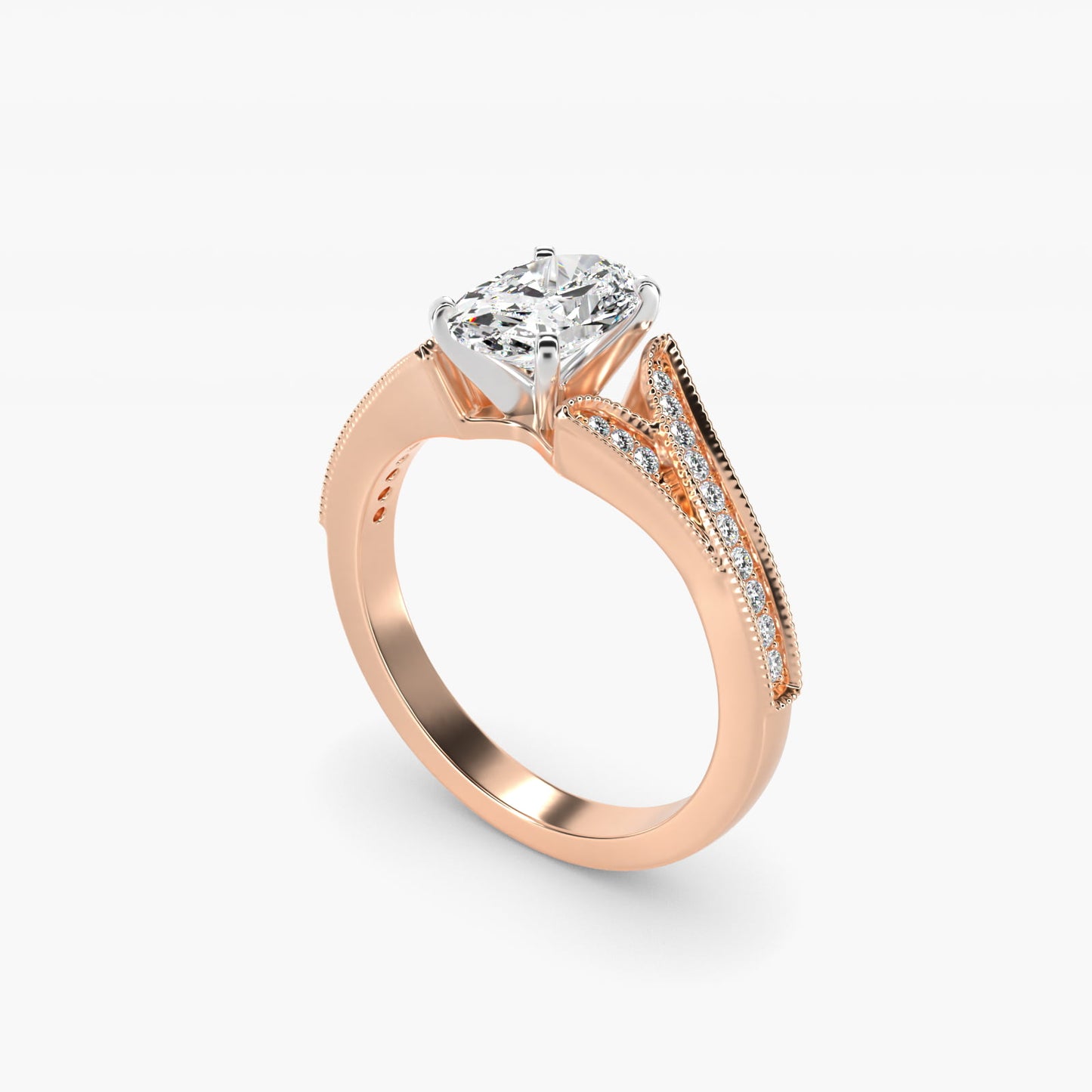 Milgrain and PavŽ V-Shank Diamond Engagement Ring in 18k Rose Gold (1/8 ct. wt.) - Oval Center