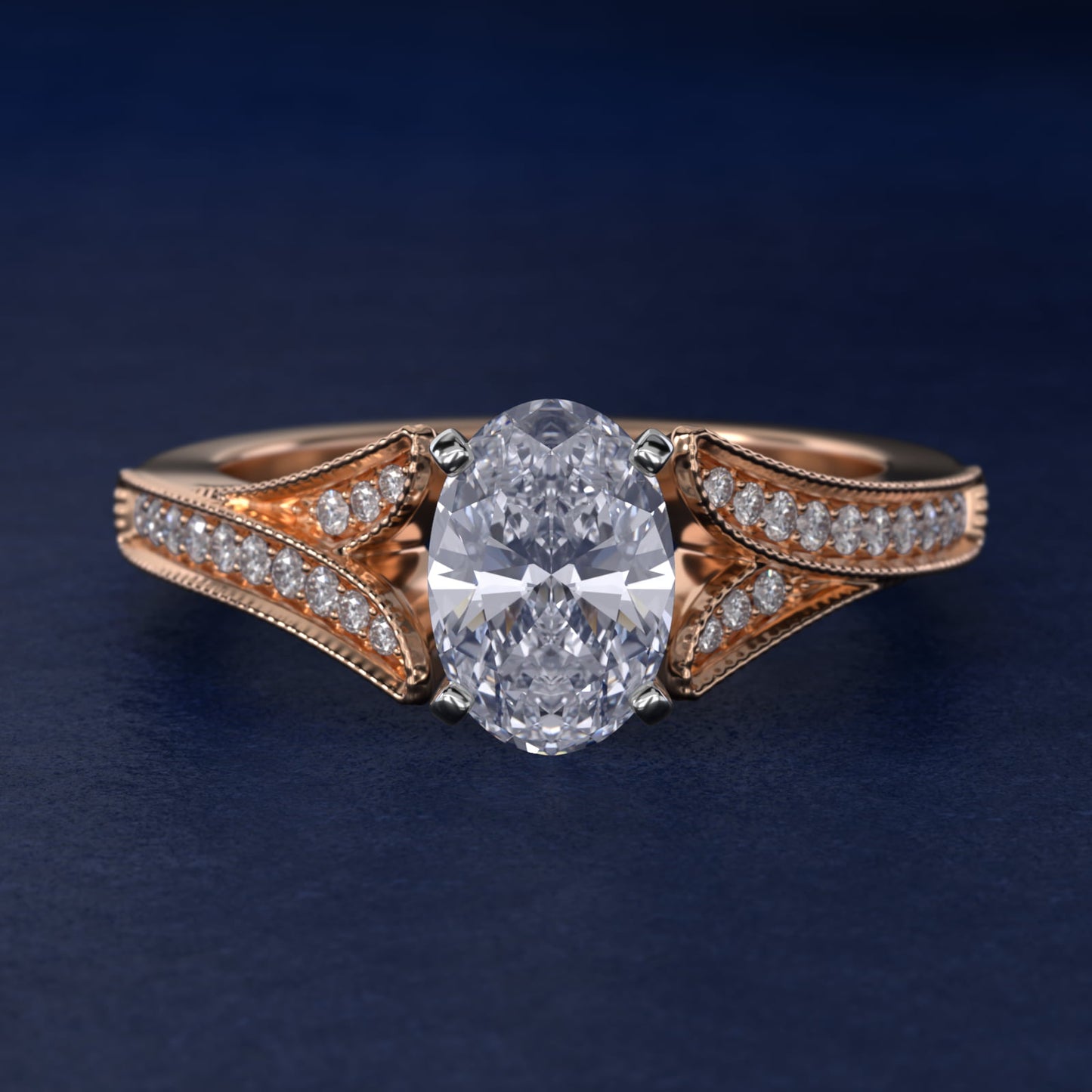 Milgrain and PavŽ V-Shank Diamond Engagement Ring in 18k Rose Gold (1/8 ct. wt.) - Oval Center