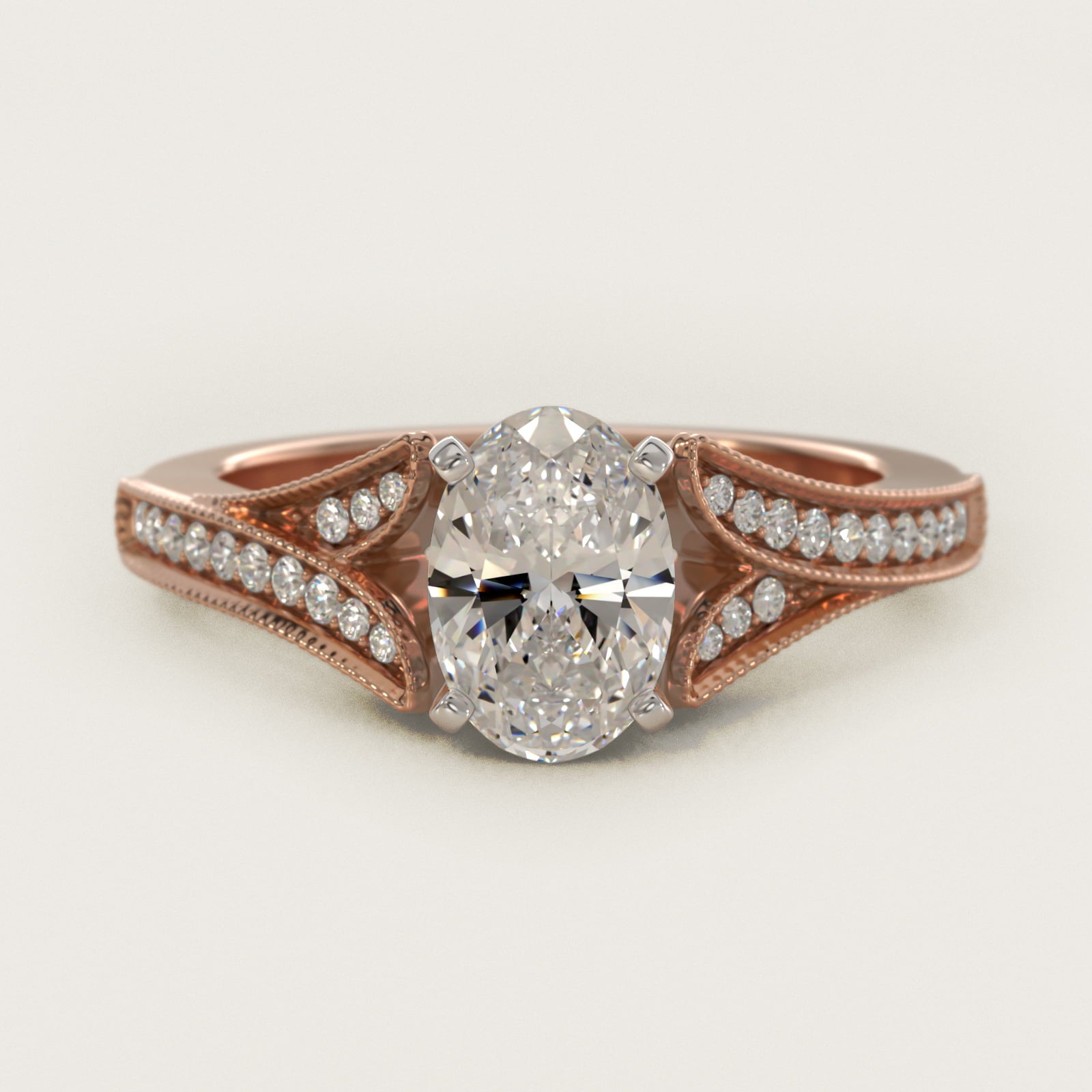 Milgrain and PavŽ V-Shank Diamond Engagement Ring in 14k Rose Gold (1/8 ct. wt.) - Oval Center