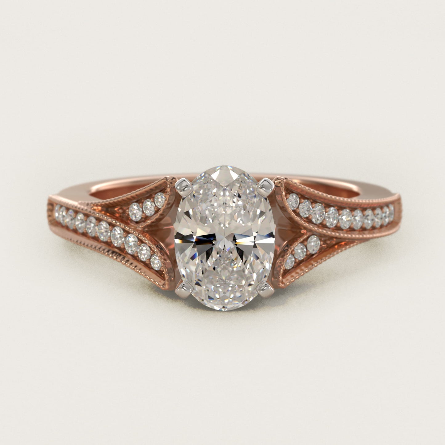 Milgrain and PavŽ V-Shank Diamond Engagement Ring in 18k Rose Gold (1/8 ct. wt.) - Oval Center