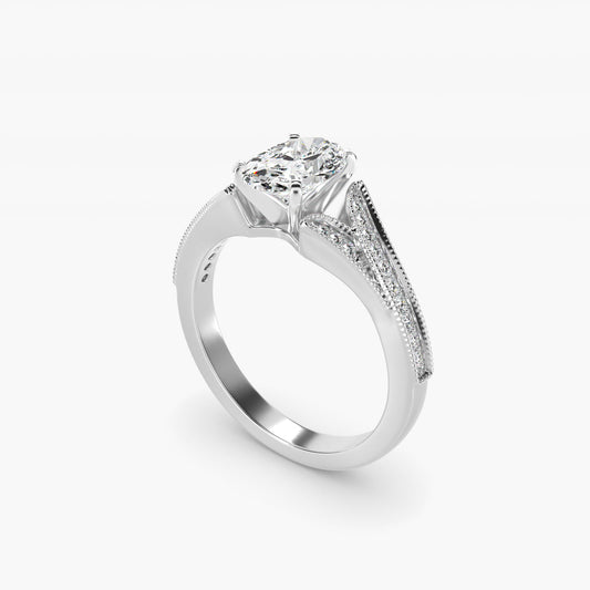 Milgrain and PavŽ V-Shank Diamond Engagement Ring in 14k White Gold (1/8 ct. wt.) - Oval Center