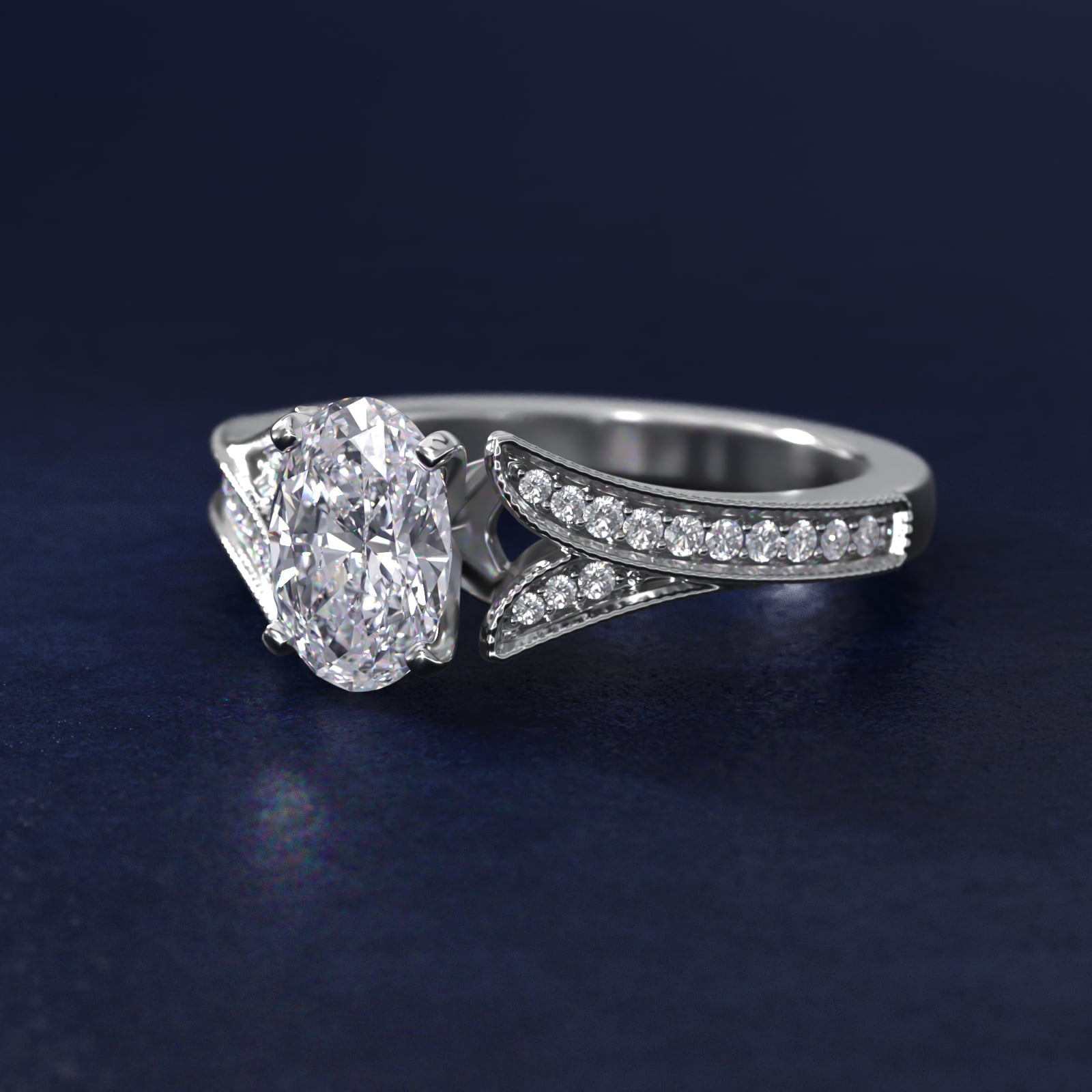 Milgrain and PavŽ V-Shank Diamond Engagement Ring in 14k White Gold (1/8 ct. wt.) - Oval Center