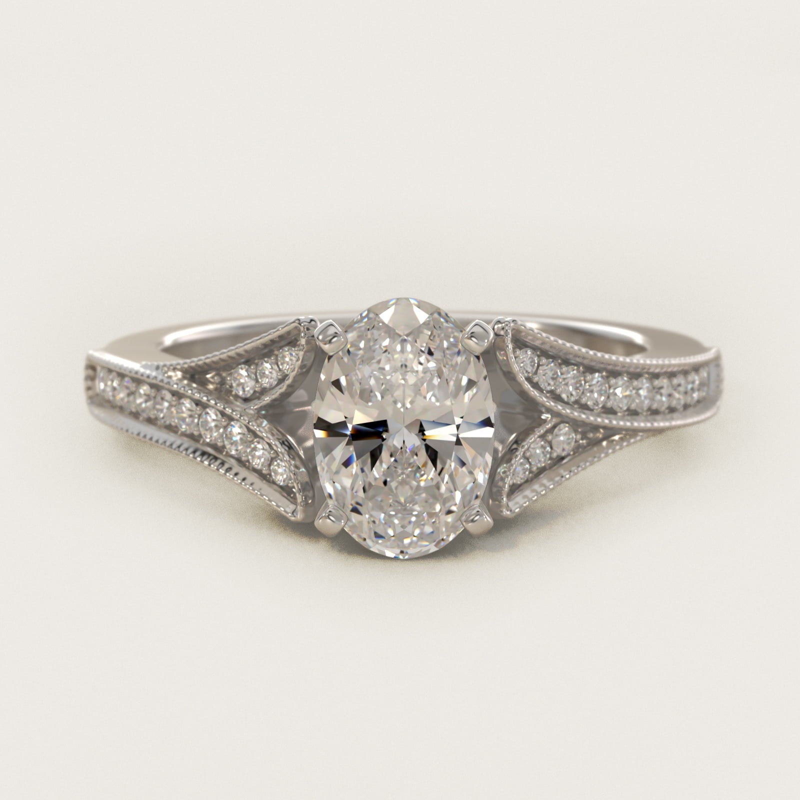 Milgrain and PavŽ V-Shank Diamond Engagement Ring in 18k White Gold (1/8 ct. wt.) - Oval Center