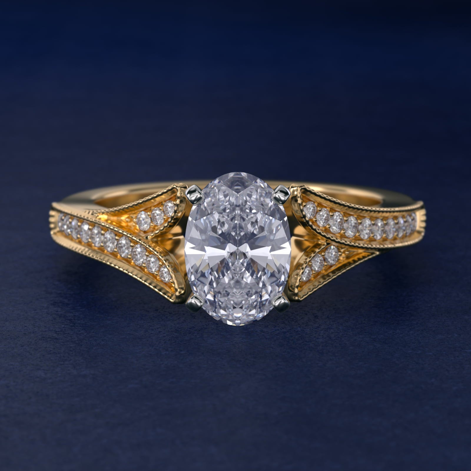 Milgrain and PavŽ V-Shank Diamond Engagement Ring in 14K Yellow Gold (1/8 ct. wt.) - Oval Center
