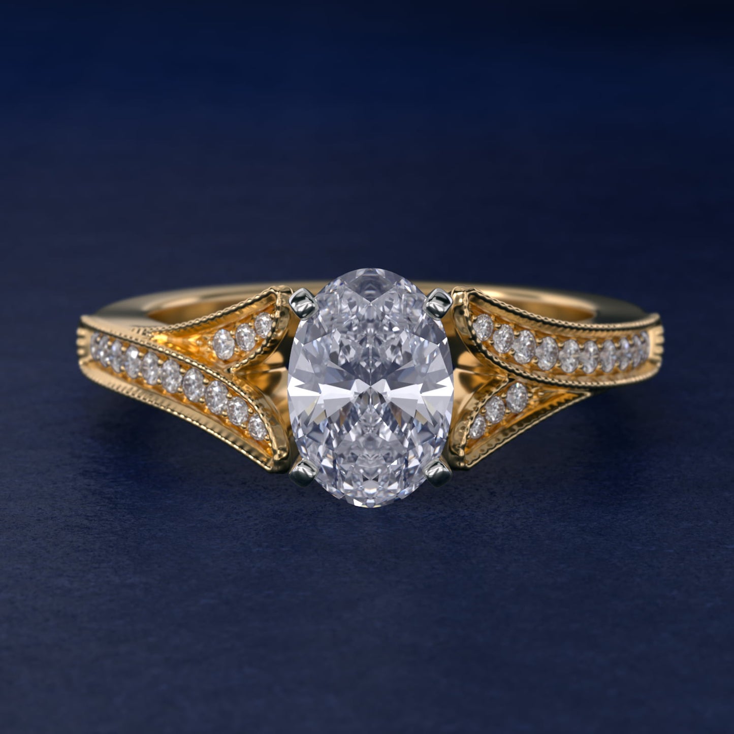 Milgrain and PavŽ V-Shank Diamond Engagement Ring in 18k Yellow Gold (1/8 ct. wt.) - Oval Center