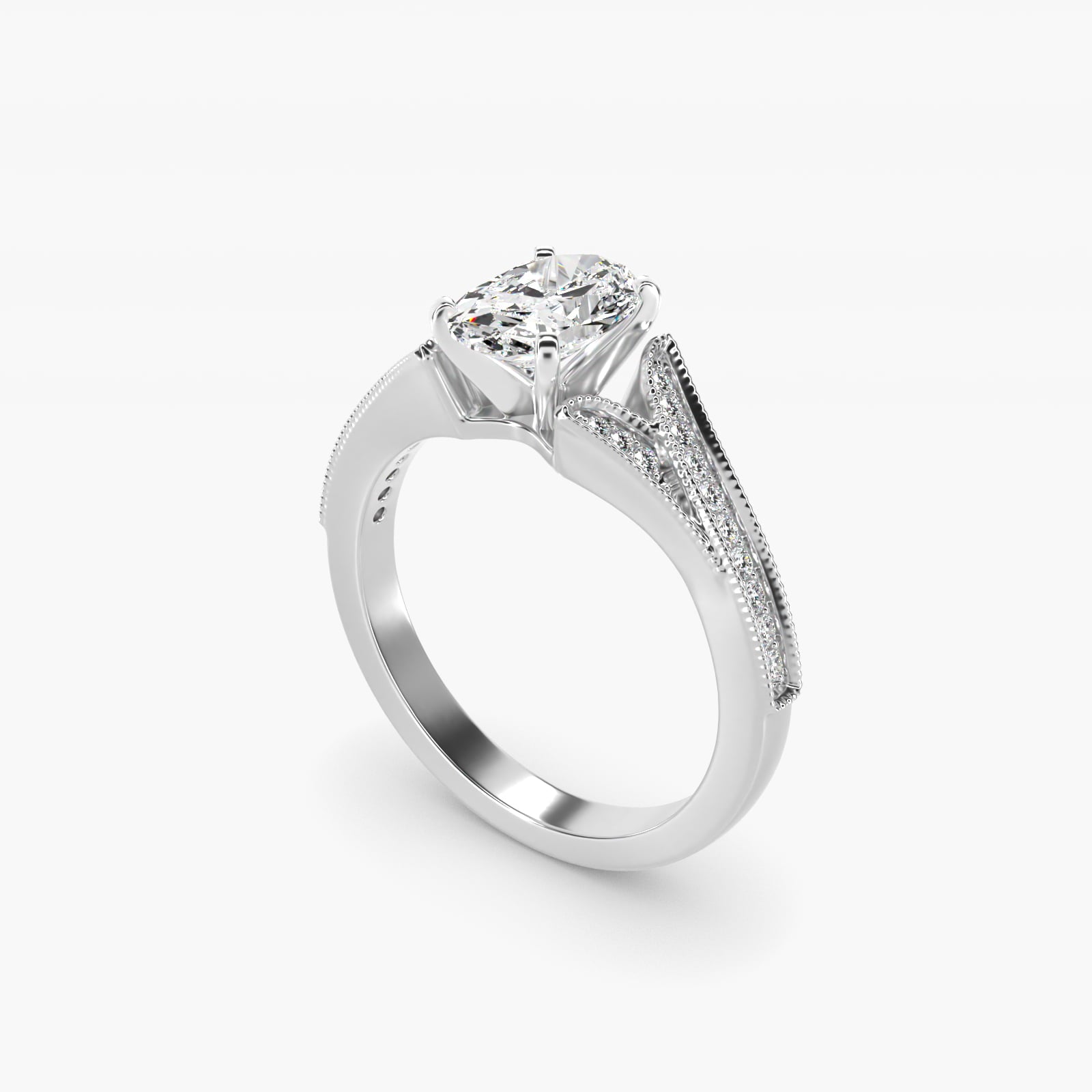 Milgrain and PavŽ V-Shank Diamond Engagement Ring in Platinum (1/8 ct. wt.) - Oval Center