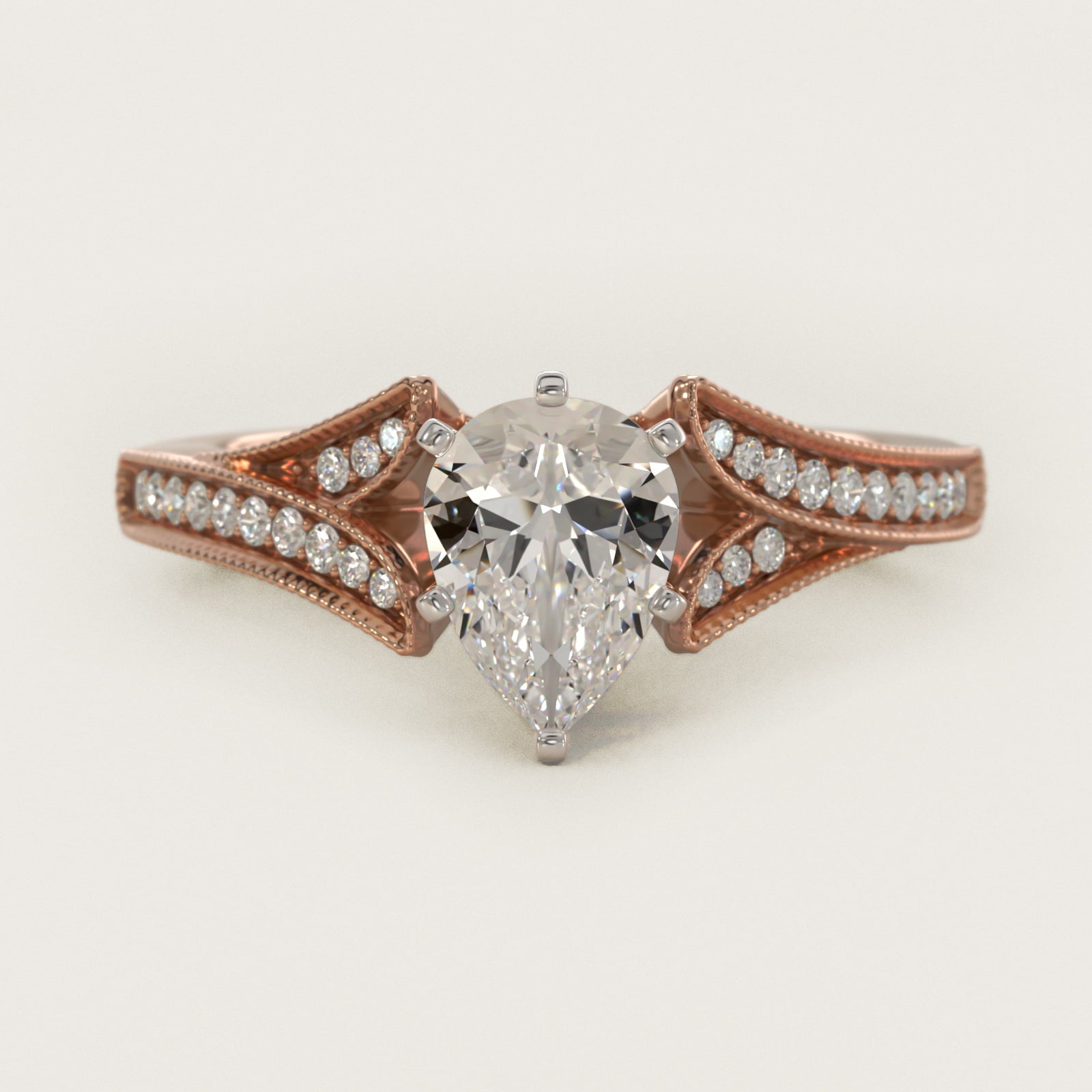 Milgrain and PavŽ V-Shank Diamond Engagement Ring in 14k Rose Gold (1/8 ct. wt.) - Pear Center