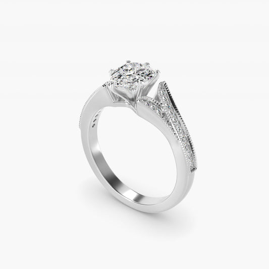 Milgrain and PavŽ V-Shank Diamond Engagement Ring in 14k White Gold (1/8 ct. wt.) - Pear Center