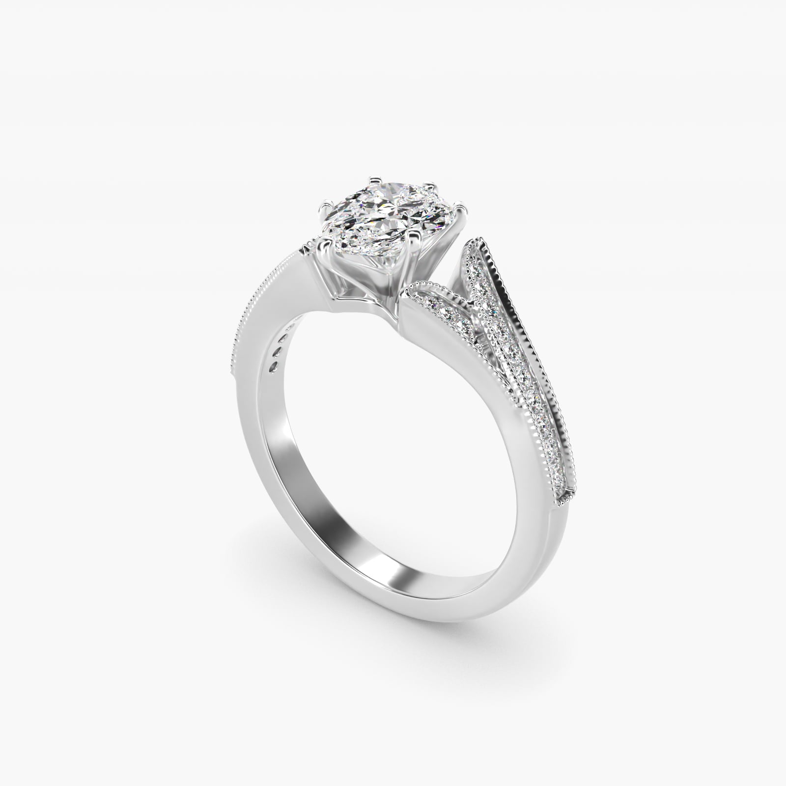 Milgrain and PavŽ V-Shank Diamond Engagement Ring in 18k White Gold (1/8 ct. wt.) - Pear Center