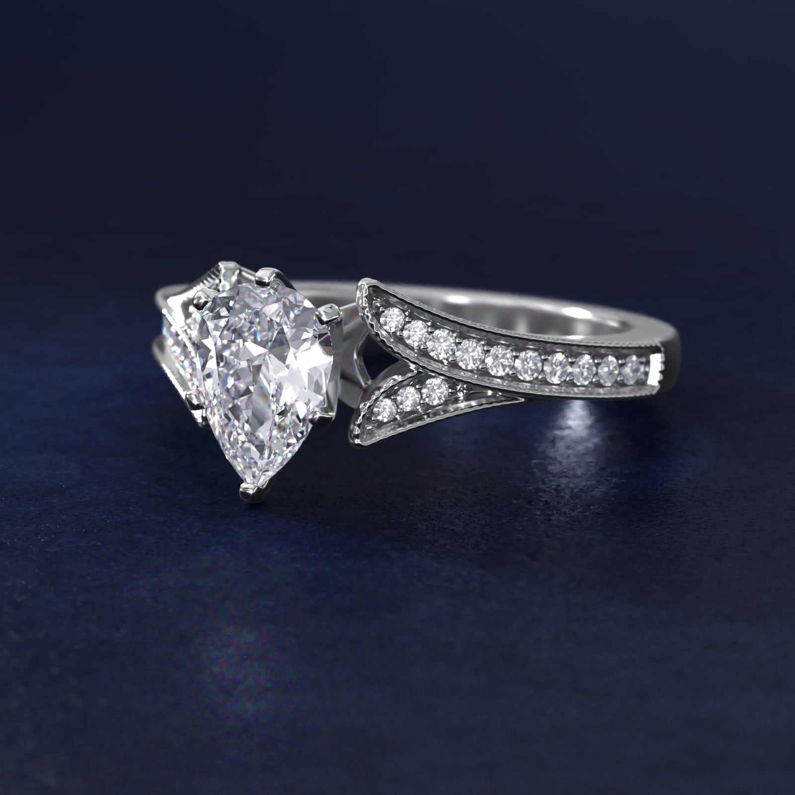Milgrain and PavŽ V-Shank Diamond Engagement Ring in 18k White Gold (1/8 ct. wt.) - Pear Center