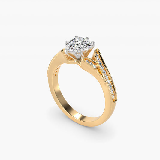 Milgrain and PavŽ V-Shank Diamond Engagement Ring in 18k Yellow Gold (1/8 ct. wt.) - Pear Center
