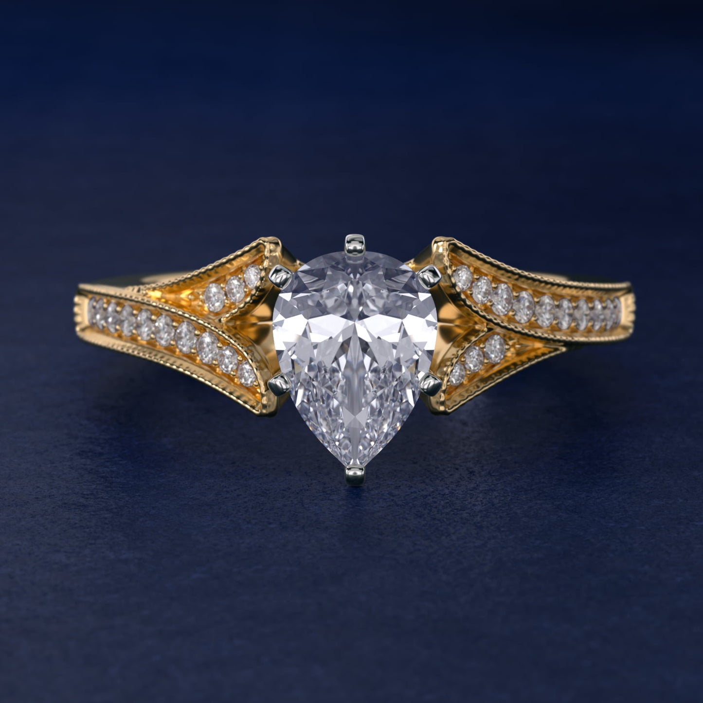 Milgrain and PavŽ V-Shank Diamond Engagement Ring in 18k Yellow Gold (1/8 ct. wt.) - Pear Center