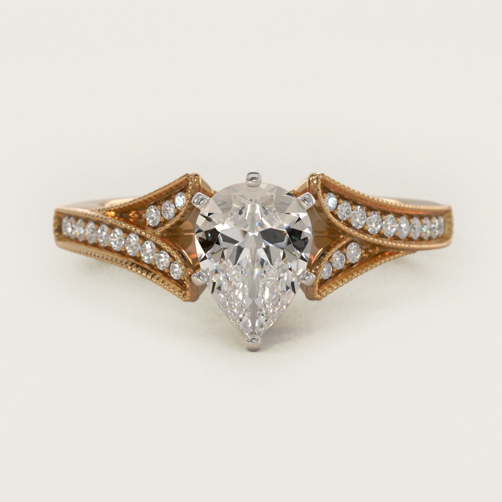Milgrain and PavŽ V-Shank Diamond Engagement Ring in 18k Yellow Gold (1/8 ct. wt.) - Pear Center