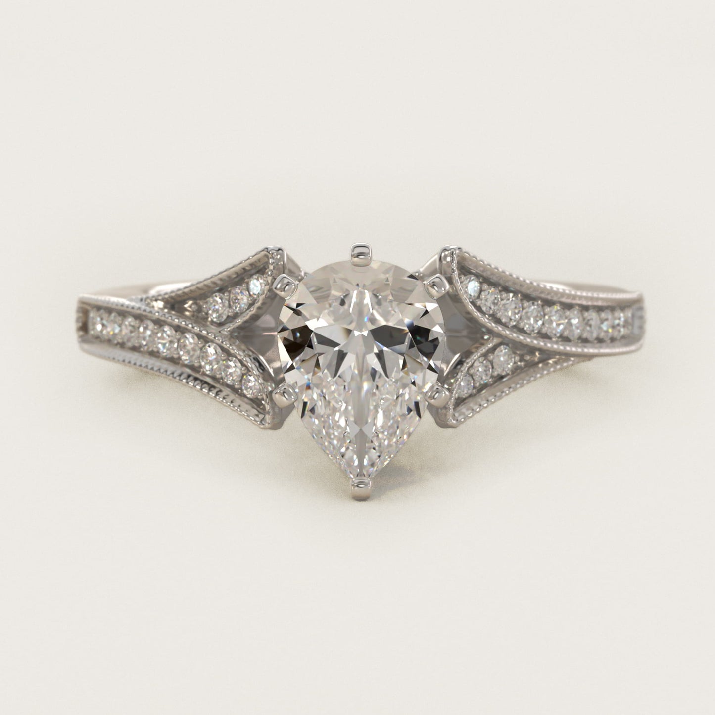 Milgrain and PavŽ V-Shank Diamond Engagement Ring in Platinum (1/8 ct. wt.) - Pear Center