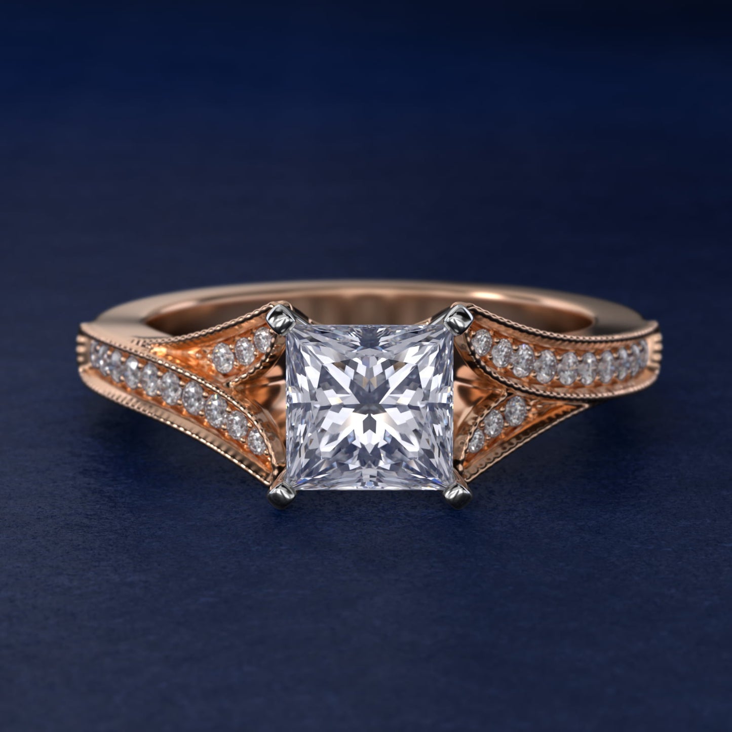 Milgrain and PavŽ V-Shank Diamond Engagement Ring in 14k Rose Gold (1/8 ct. wt.) - Princess Center