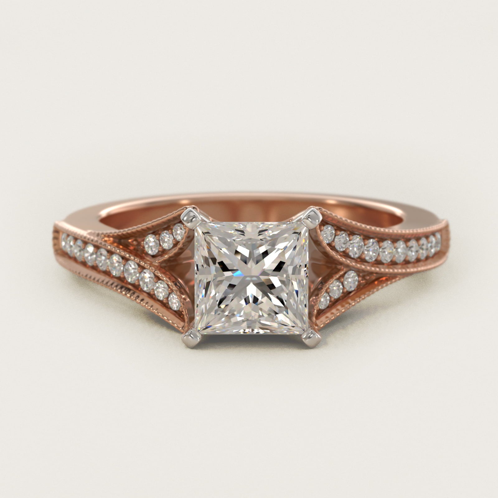 Milgrain and PavŽ V-Shank Diamond Engagement Ring in 14k Rose Gold (1/8 ct. wt.) - Princess Center