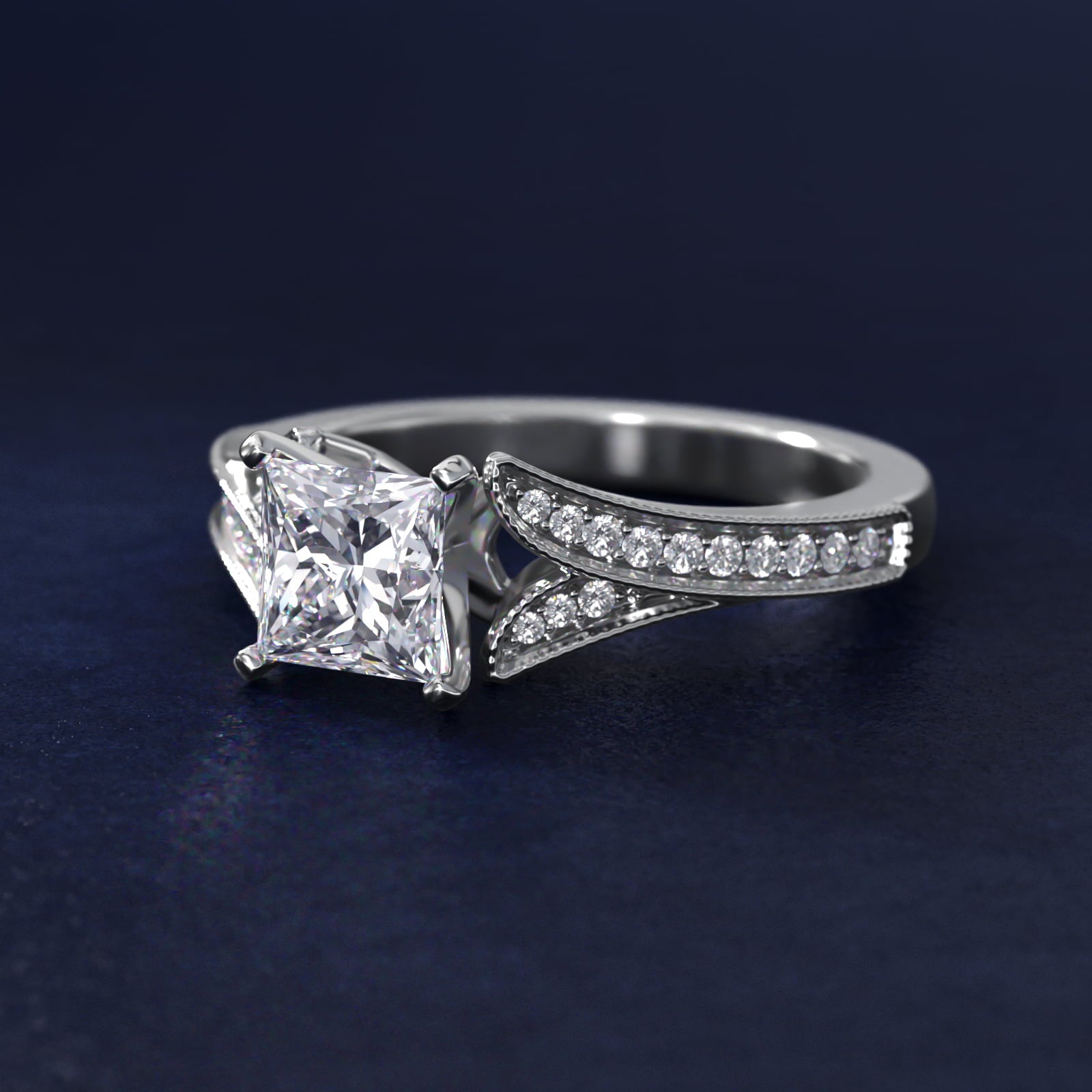 Milgrain and PavŽ V-Shank Diamond Engagement Ring in 18k White Gold (1/8 ct. wt.) - Princess Center