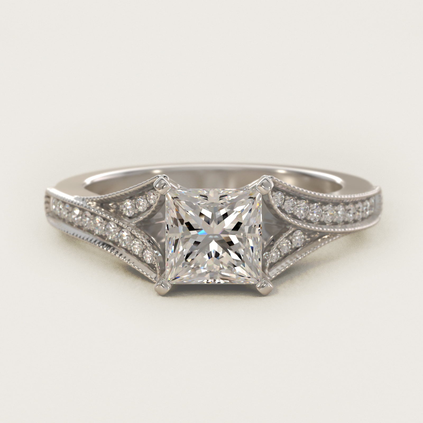 Milgrain and PavŽ V-Shank Diamond Engagement Ring in 14k White Gold (1/8 ct. wt.) - Princess Center