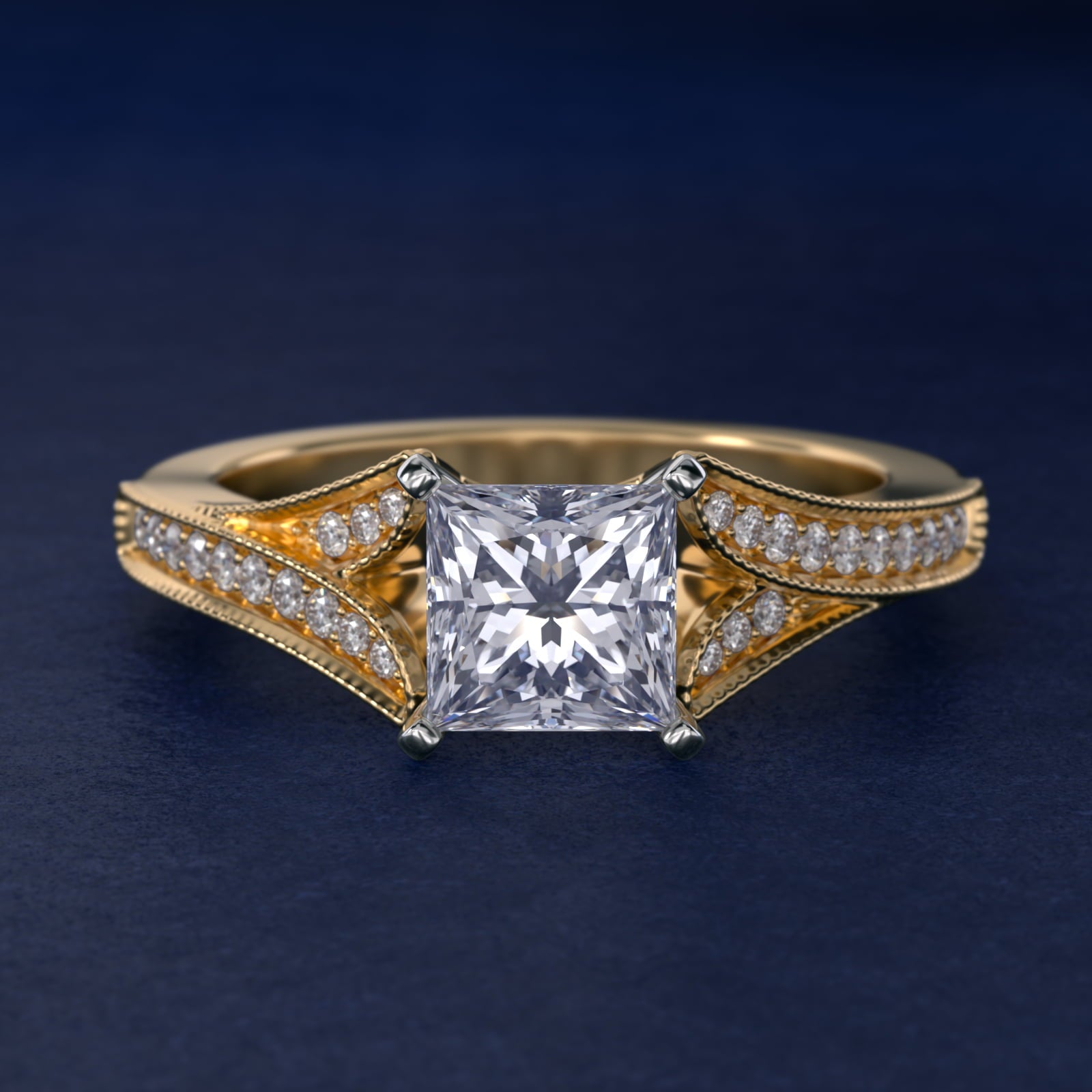 Milgrain and PavŽ V-Shank Diamond Engagement Ring in 14K Yellow Gold (1/8 ct. wt.) - Princess Center