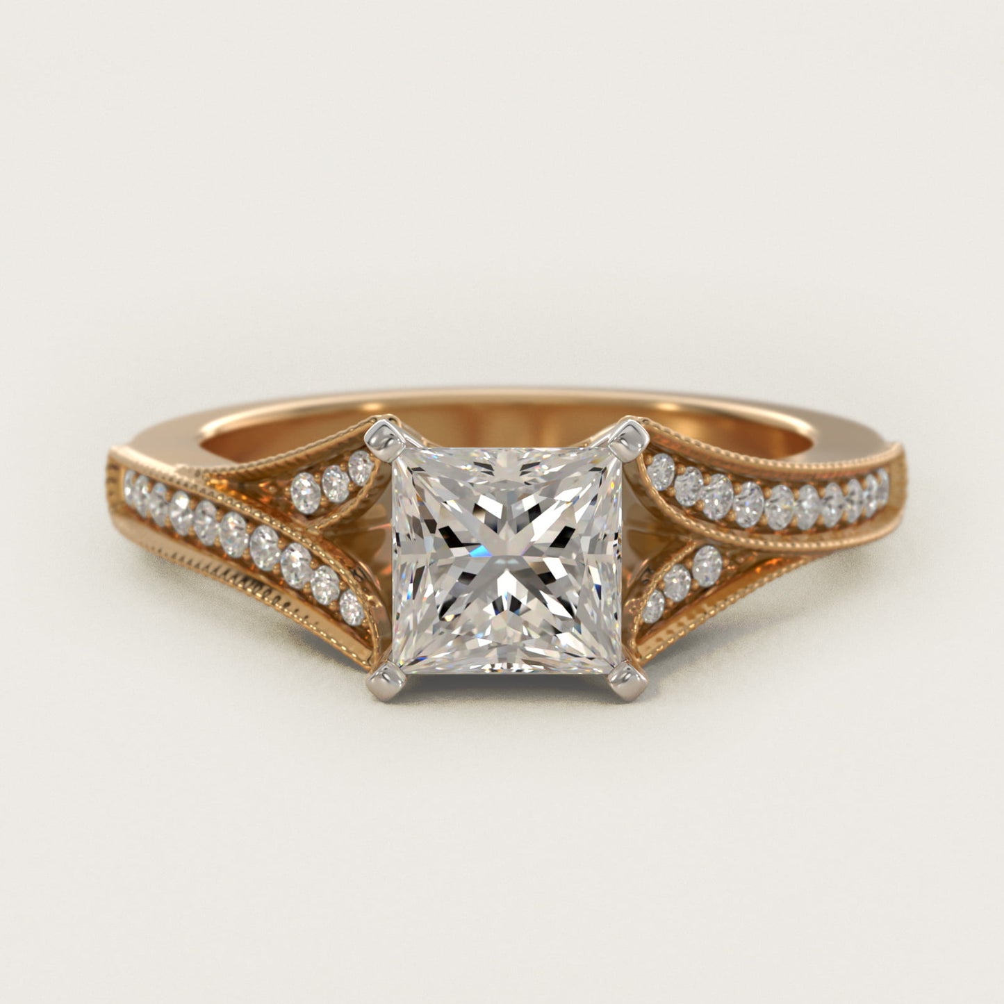 Milgrain and PavŽ V-Shank Diamond Engagement Ring in 14K Yellow Gold (1/8 ct. wt.) - Princess Center