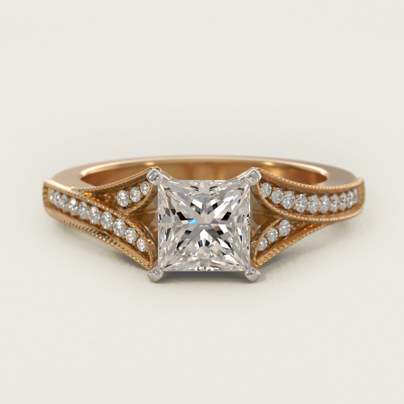 Milgrain and PavŽ V-Shank Diamond Engagement Ring in 14K Yellow Gold (1/8 ct. wt.) - Princess Center