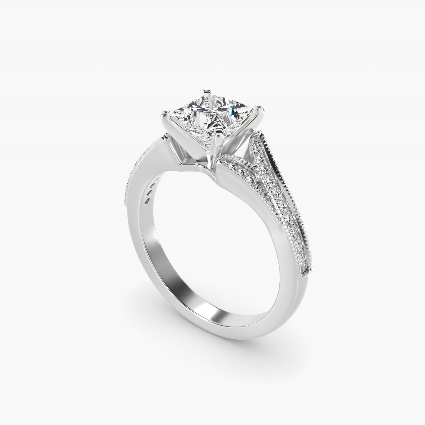 Milgrain and PavŽ V-Shank Diamond Engagement Ring in Platinum (1/8 ct. wt.) - Princess Center