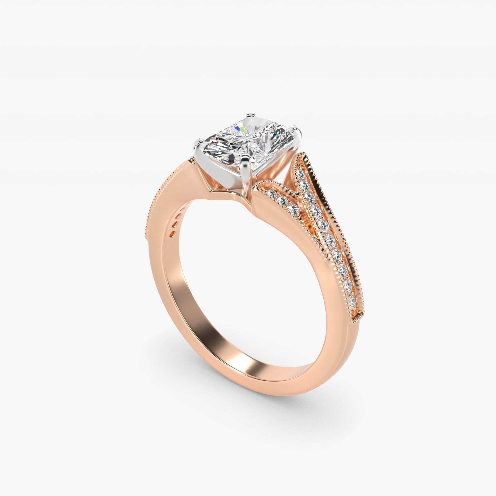 Milgrain and PavŽ V-Shank Diamond Engagement Ring in 14k Rose Gold (1/8 ct. wt.) - Radiant Center