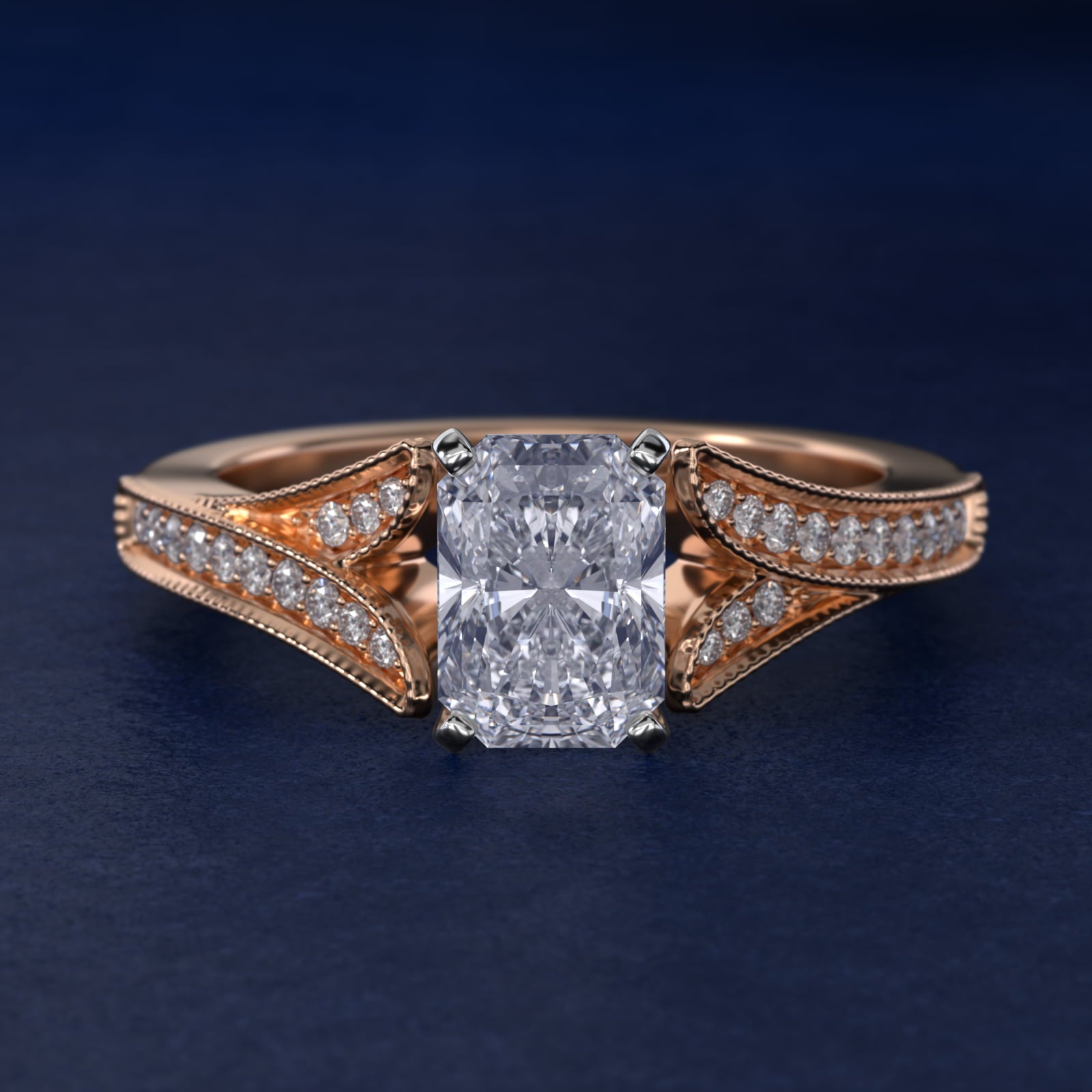 Milgrain and PavŽ V-Shank Diamond Engagement Ring in 18k Rose Gold (1/8 ct. wt.) - Radiant Center
