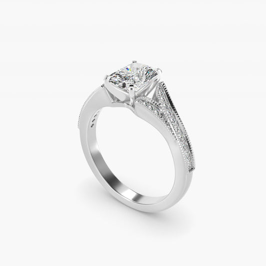 Milgrain and PavŽ V-Shank Diamond Engagement Ring in 14k White Gold (1/8 ct. wt.) - Radiant Center