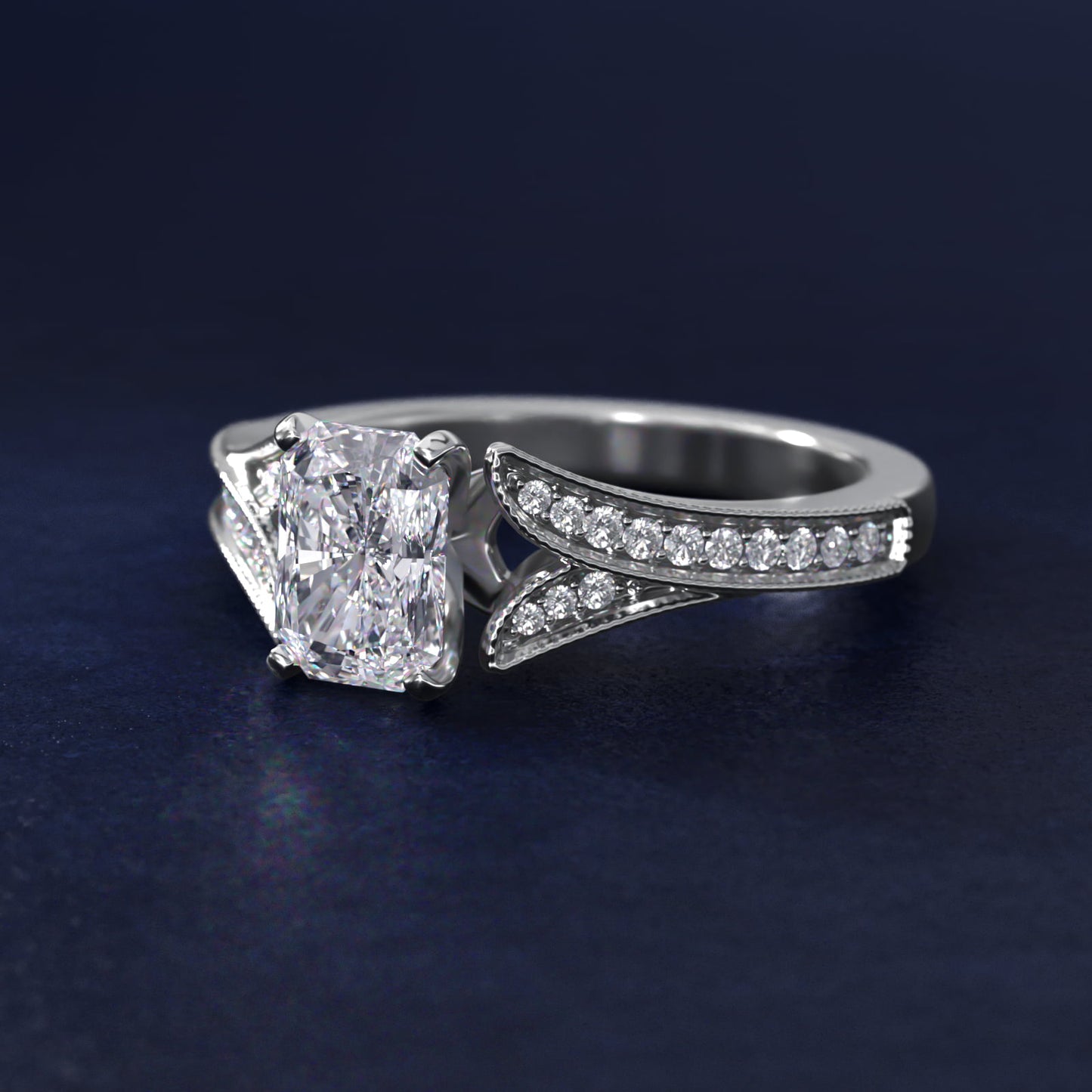 Milgrain and PavŽ V-Shank Diamond Engagement Ring in 14k White Gold (1/8 ct. wt.) - Radiant Center