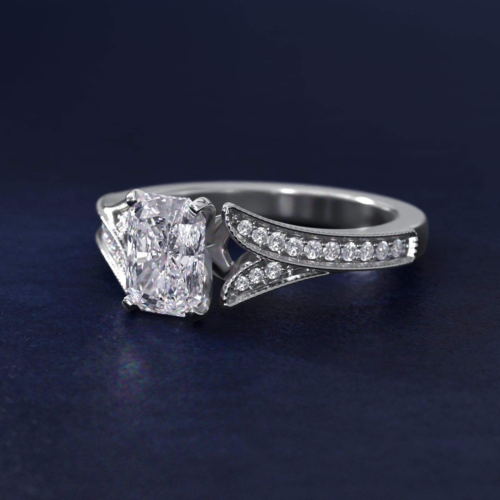 Milgrain and PavŽ V-Shank Diamond Engagement Ring in 14k White Gold (1/8 ct. wt.) - Radiant Center