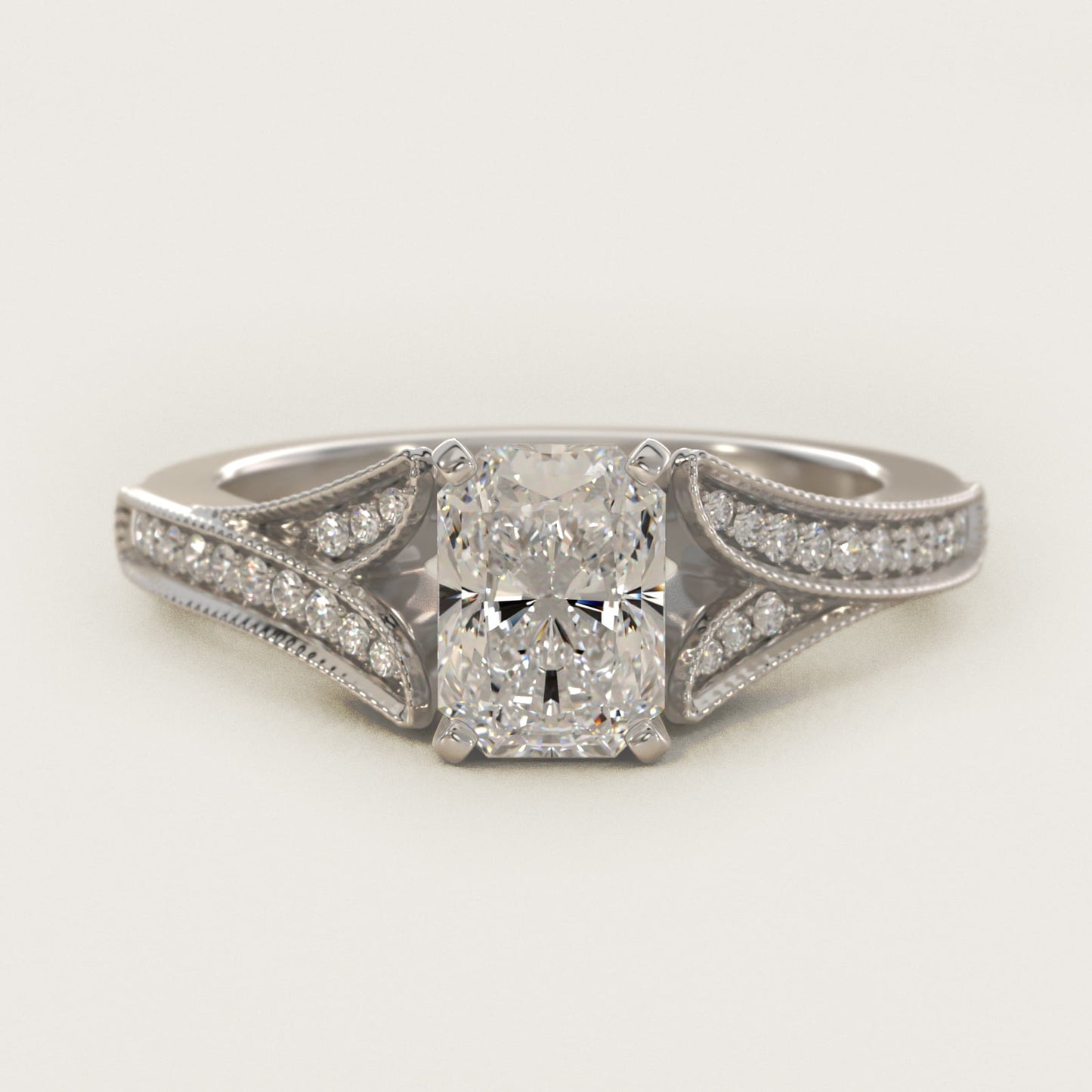 Milgrain and PavŽ V-Shank Diamond Engagement Ring in 14k White Gold (1/8 ct. wt.) - Radiant Center