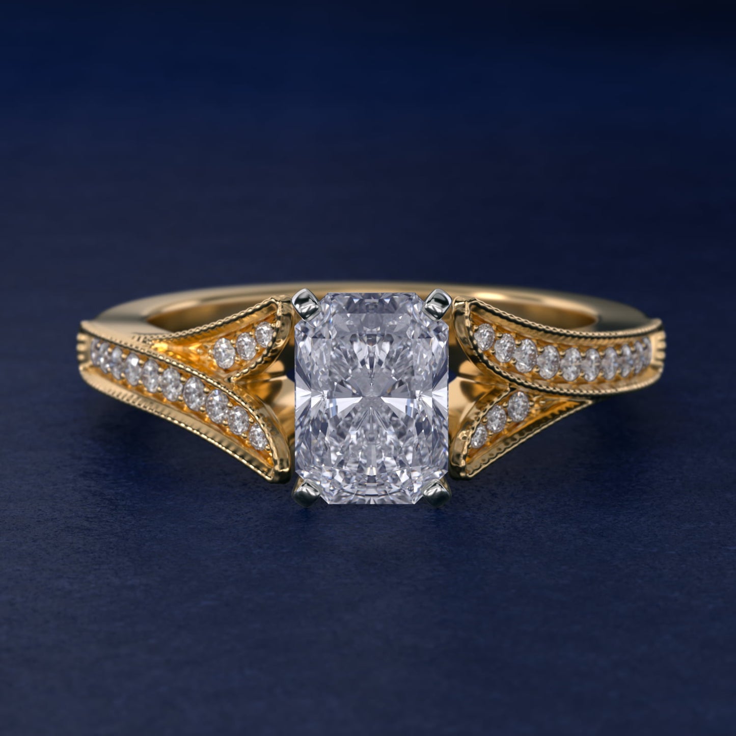 Milgrain and PavŽ V-Shank Diamond Engagement Ring in 14K Yellow Gold (1/8 ct. wt.) - Radiant Center