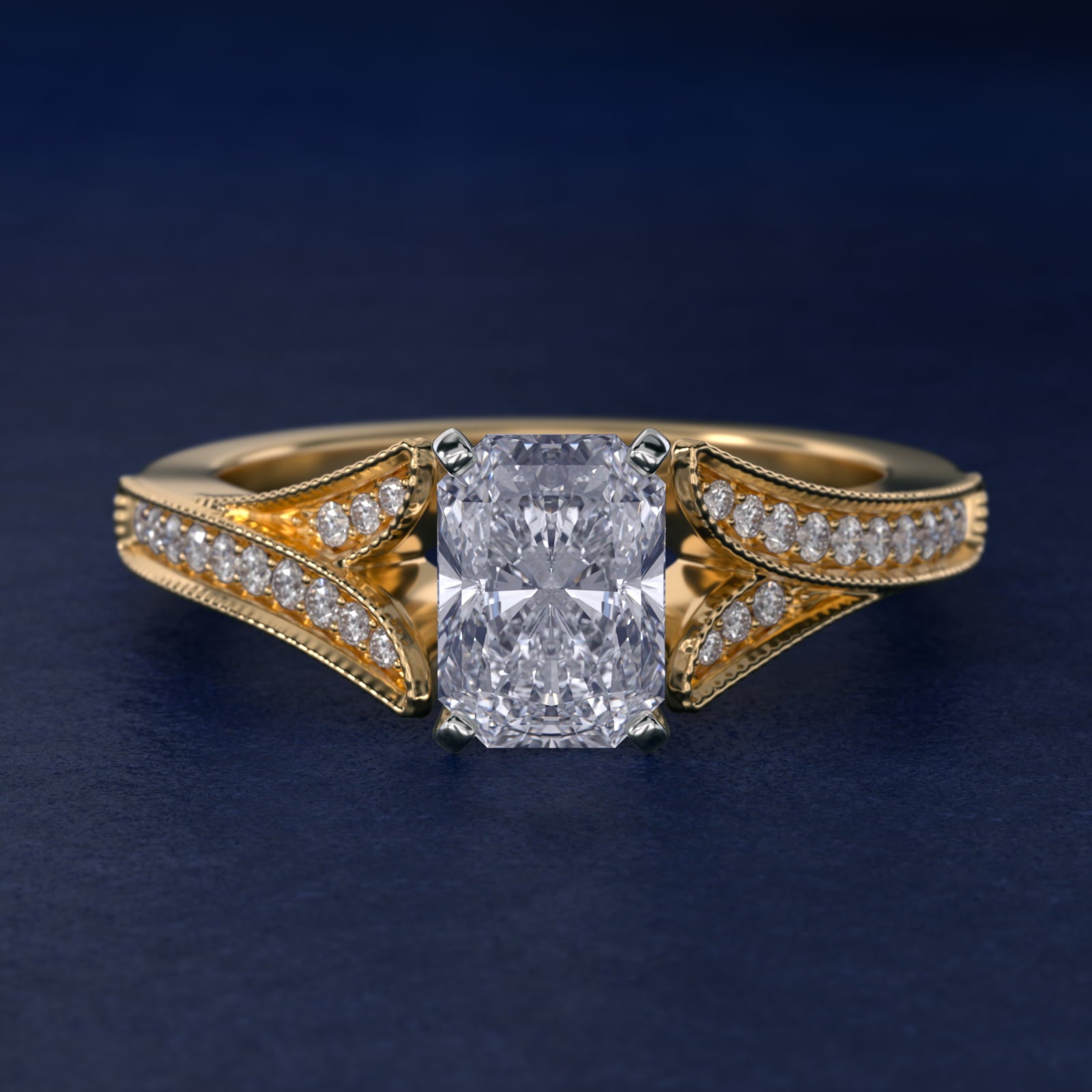 Milgrain and PavŽ V-Shank Diamond Engagement Ring in 14K Yellow Gold (1/8 ct. wt.) - Radiant Center