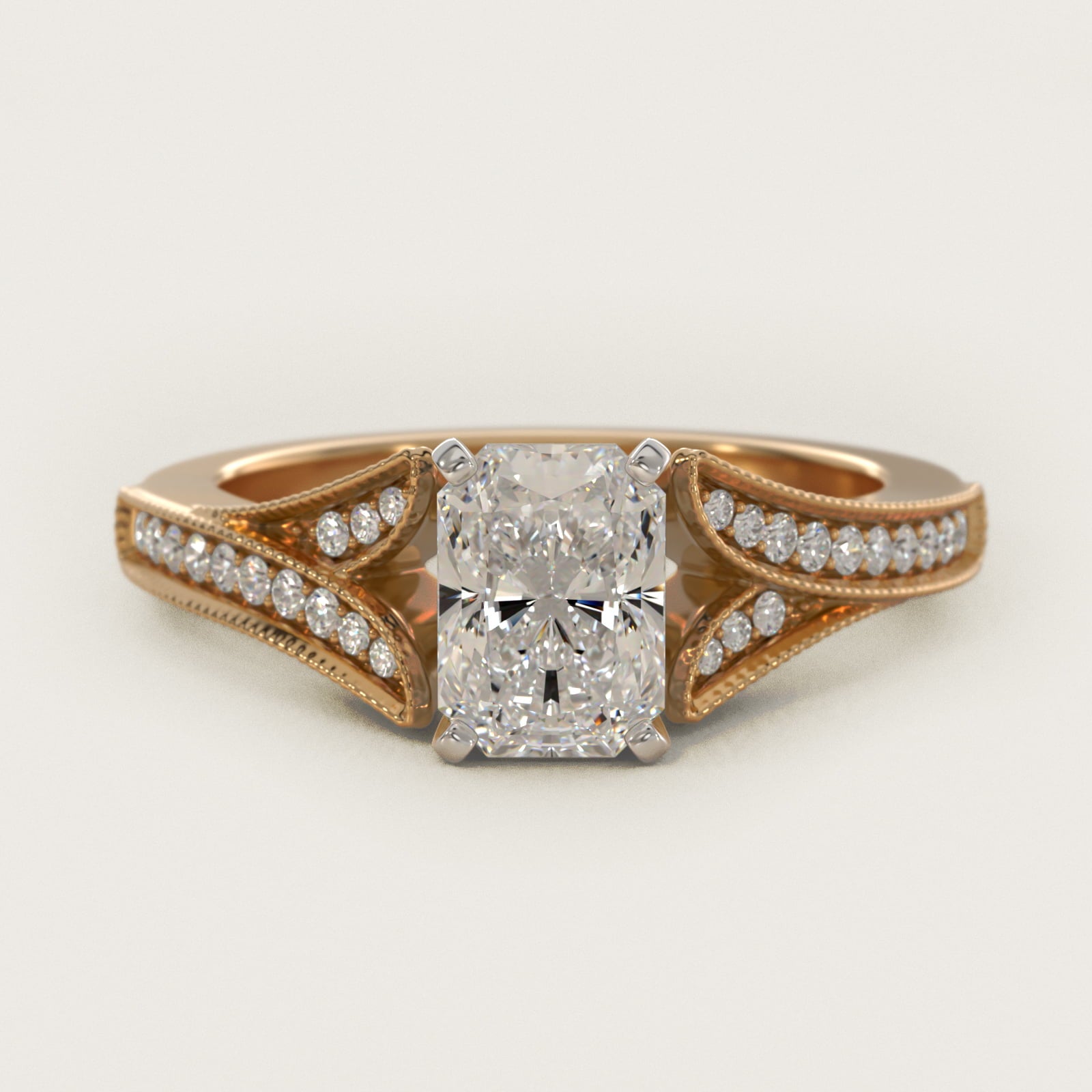 Milgrain and PavŽ V-Shank Diamond Engagement Ring in 18k Yellow Gold (1/8 ct. wt.) - Radiant Center