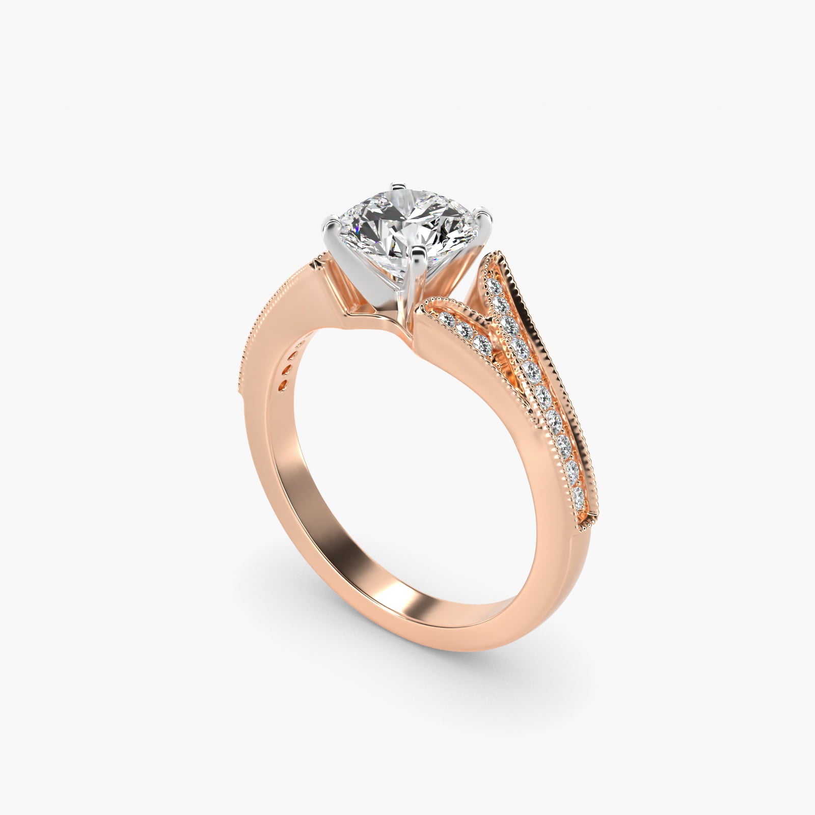 Milgrain and PavŽ V-Shank Diamond Engagement Ring in 14k Rose Gold (1/8 ct. wt.) - Round Center