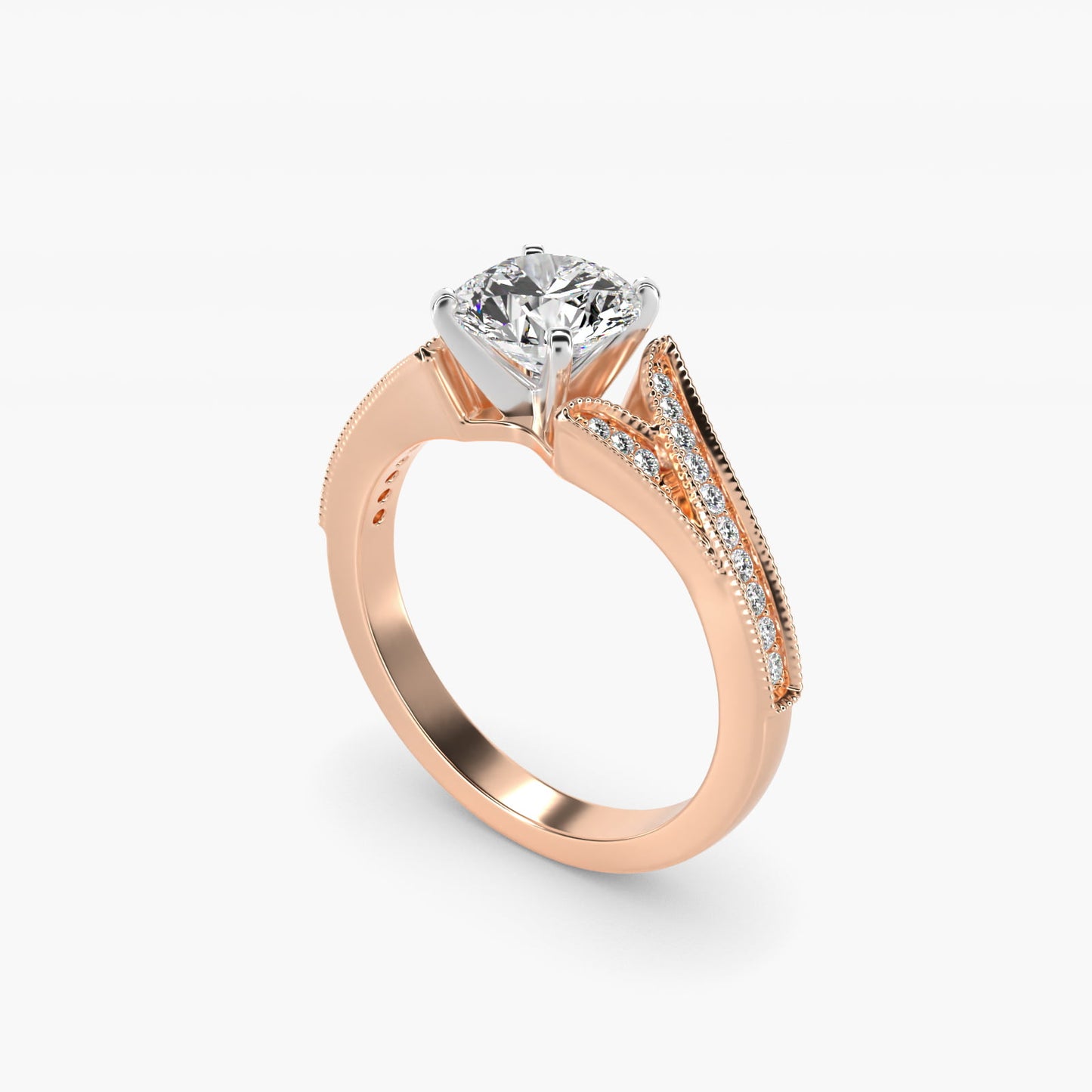 Milgrain and PavŽ V-Shank Diamond Engagement Ring in 18k Rose Gold (1/8 ct. wt.) - Round Center
