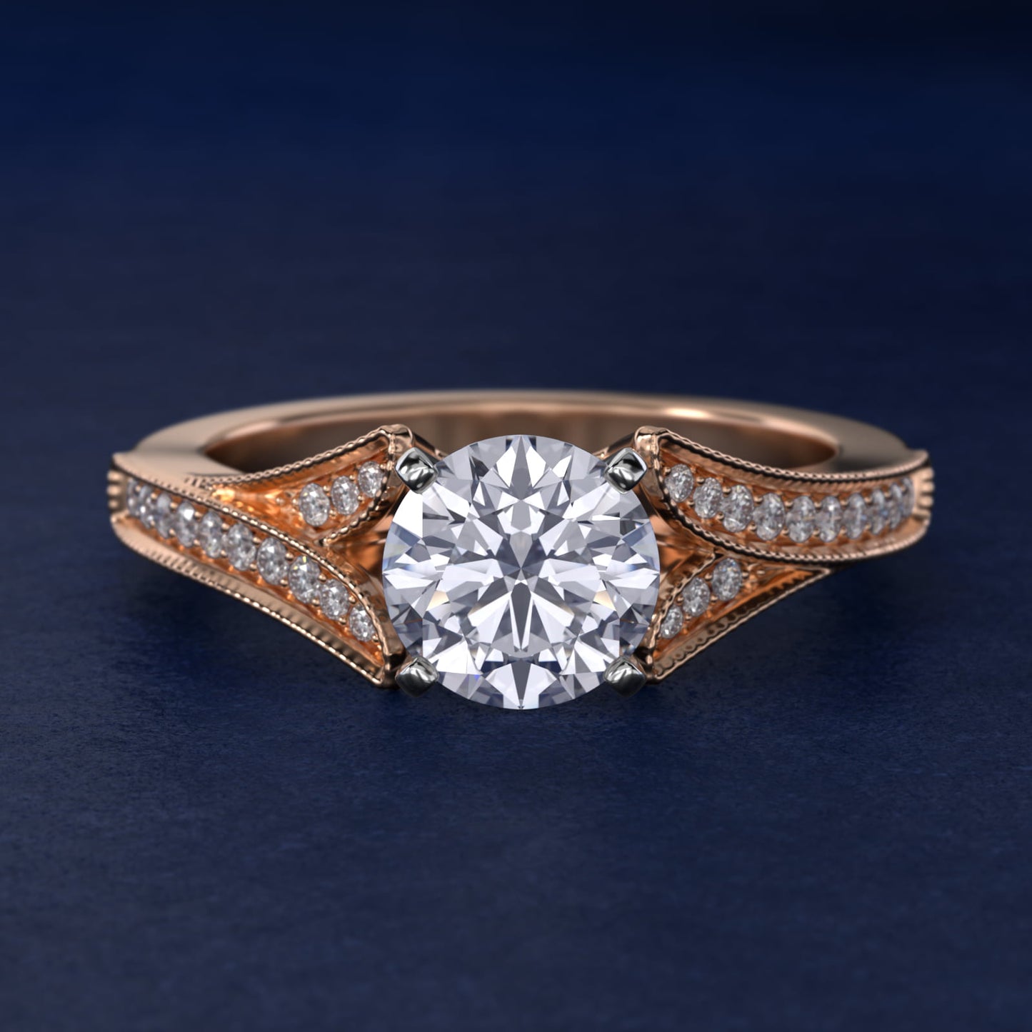 Milgrain and PavŽ V-Shank Diamond Engagement Ring in 14k Rose Gold (1/8 ct. wt.) - Round Center