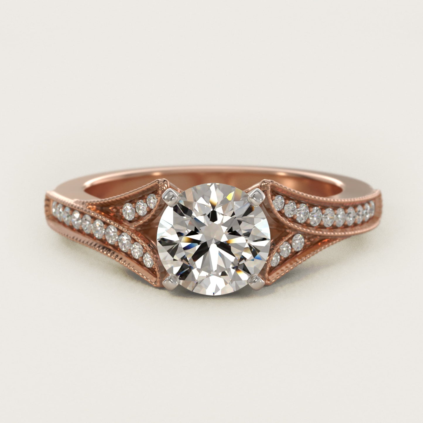 Milgrain and PavŽ V-Shank Diamond Engagement Ring in 14k Rose Gold (1/8 ct. wt.) - Round Center
