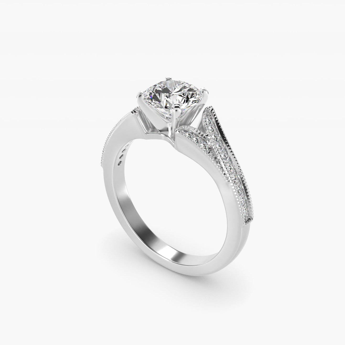 Milgrain and PavŽ V-Shank Diamond Engagement Ring in 18k White Gold (1/8 ct. wt.) - Round Center