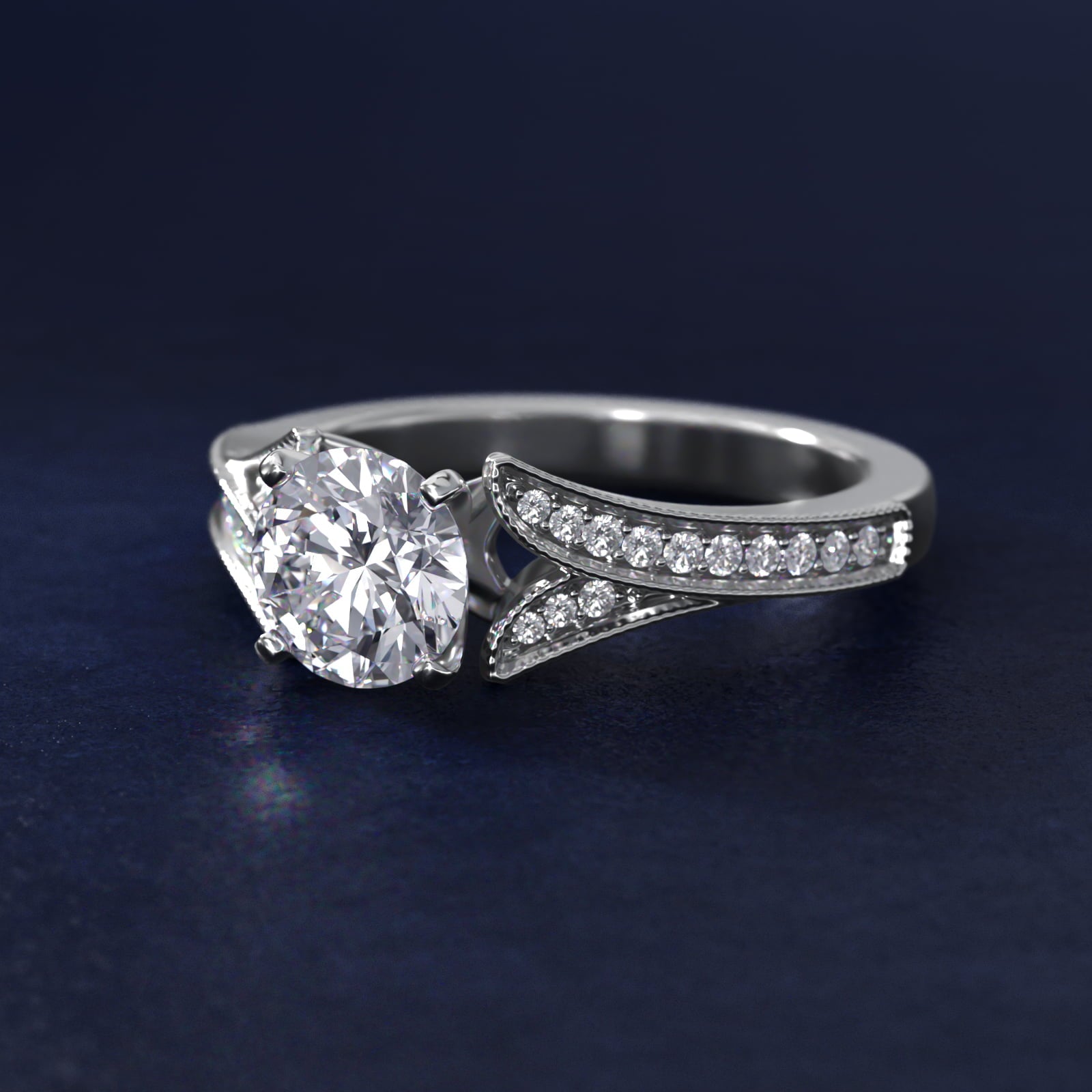 Milgrain and PavŽ V-Shank Diamond Engagement Ring in 18k White Gold (1/8 ct. wt.) - Round Center