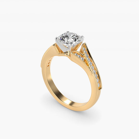 Milgrain and PavŽ V-Shank Diamond Engagement Ring in 14K Yellow Gold (1/8 ct. wt.) - Round Center